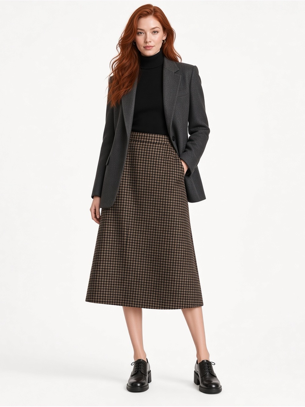 Societe Anonyme Alpaca Wool Brown Black Houndstooth A Line Skirt 46 XL Italy